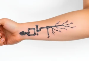long System of pipes that transitions and transforms into veins of forearm tattoo idea
