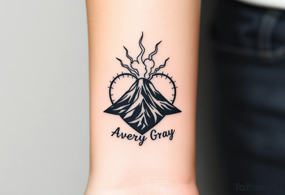 Female Geometric Volcano tattoo erupting in a heart with text Avery Gray on wrist tattoo idea