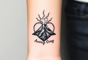 Female Geometric Volcano tattoo erupting in a heart with text Avery Gray on wrist tattoo idea