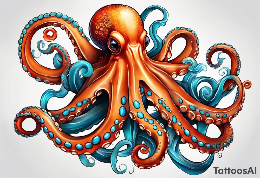 Orange and red Octopus with blue and teal suckers tattoo idea