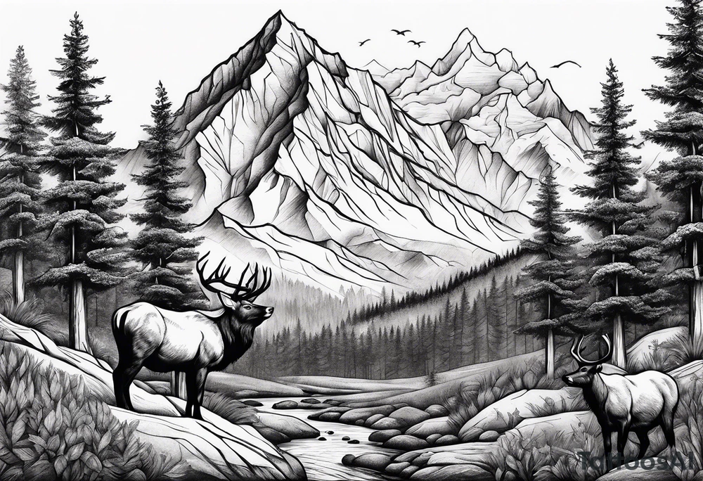 Mountain with trees and animals tattoo idea