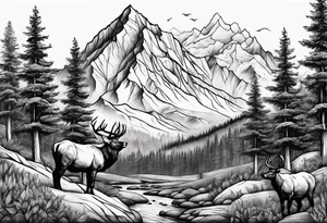 Mountain with trees and animals tattoo idea