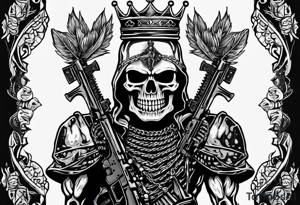 image of a skeleton standing frontally with a crown on his head, holding an AK-47 on his shoulder with his right hand. The chain on the left should be taut, there are three angry barking Dobermans in it, near the waist tattoo idea