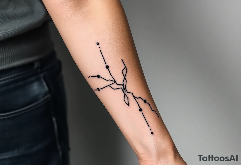 Abstract black line tattoo for a male, inner forearm and elbow area.
Broken, segmented flowing lines, sharp turns, mechanical rhythm, subtle dot accents.
Not delicate, not ornamental, technical and controlled motion.
Black ink only, no shading, photo-accurate tattoo design. tattoo idea