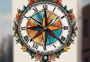 half compass half clock with arrow in the middle; nature on one side, cityscape on one side tattoo idea