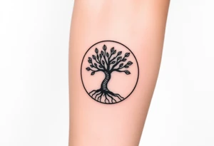 Tree with few leaves, encircled in a circle, with a line starting from the left roots, and spiraling outward in a 
clockwise direction tattoo idea