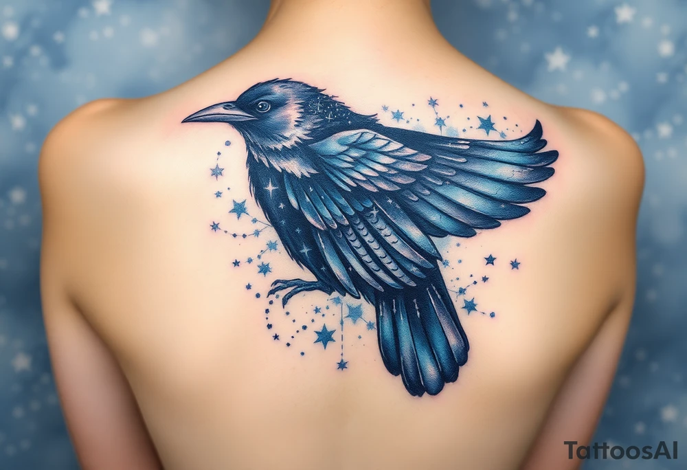 Raven with starry sky background with zodiac constellations in it with runes in sky tattoo idea