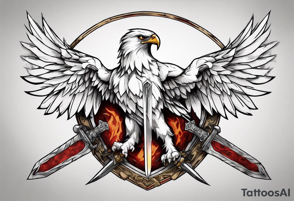 A white hawk with a sword and shield tattoo idea