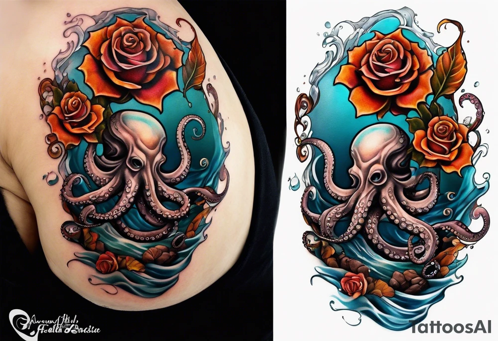 biomechanical Left thigh tattoo with an octopus in water swirls wrapping around rocks, a rose, in fall colors tattoo idea