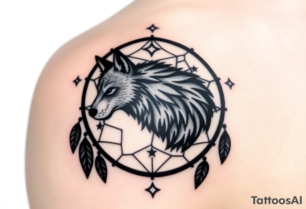 A wolf’s silhouette within a dreamcatcher, with stars scattered across the background. The wolf is shaded in black and gray. tattoo idea