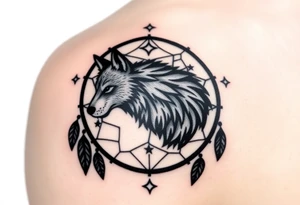 A wolf’s silhouette within a dreamcatcher, with stars scattered across the background. The wolf is shaded in black and gray. tattoo idea