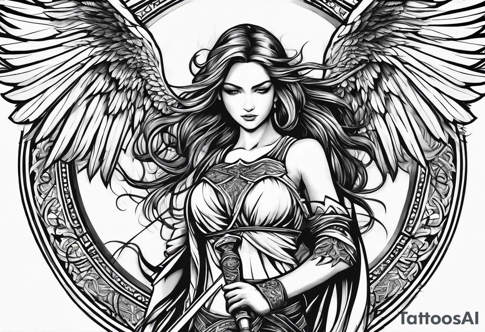 female angel with sword flying in the sky tattoo idea