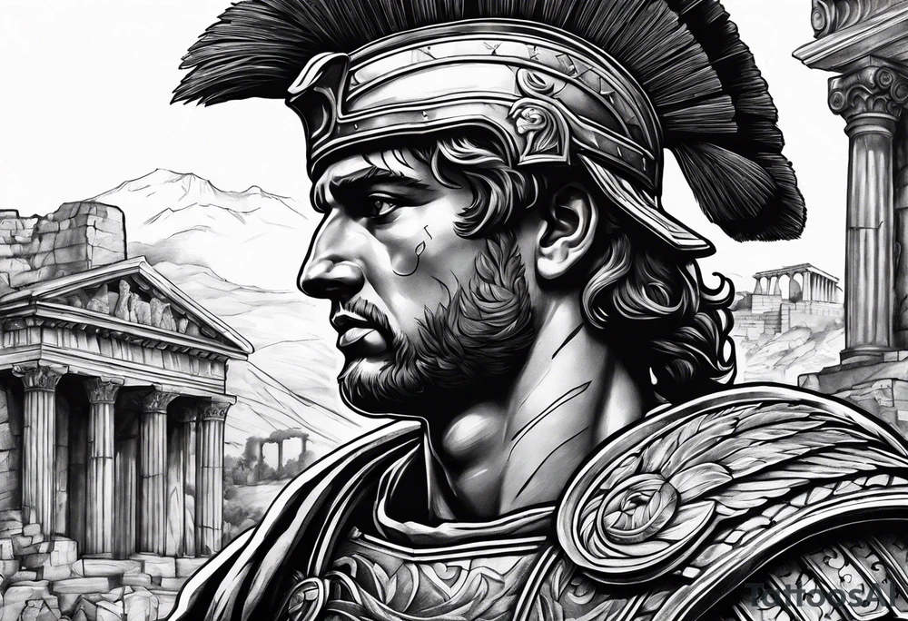 Close up of roman solider with ruins in the background tattoo idea