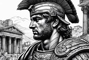 Close up of roman solider with ruins in the background tattoo idea