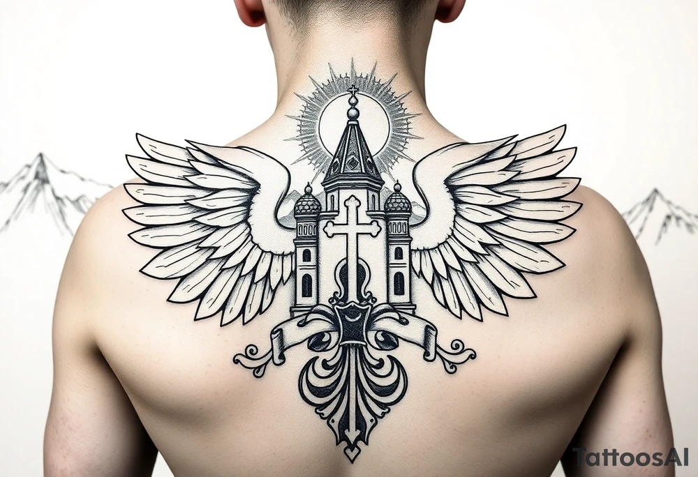 russian coat of arms with both heads visible & wings spanning out on my back neck across on to my shoulders with an orthodox christian church being visible in a mountainous sun beaming setting, with the russian orthodox cross spire of the orthodox church being visible on my neck with a sun beaming in the background that the cross sits inside tattoo idea