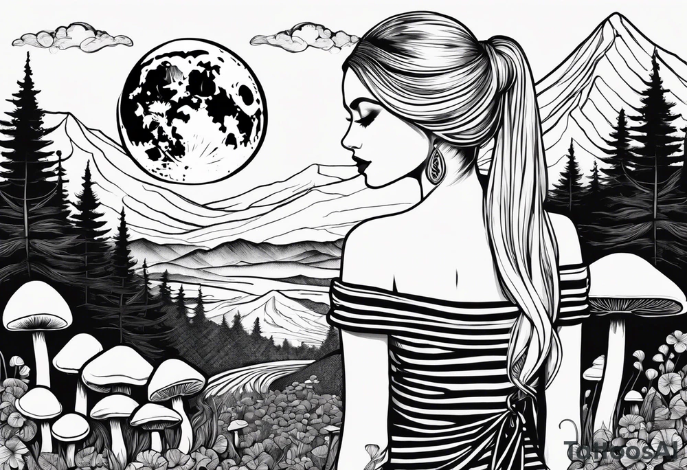 Straight blonde hair girl facing away toward mountains surrounded by mushrooms crescent moon circular design black and white striped dress tattoo idea