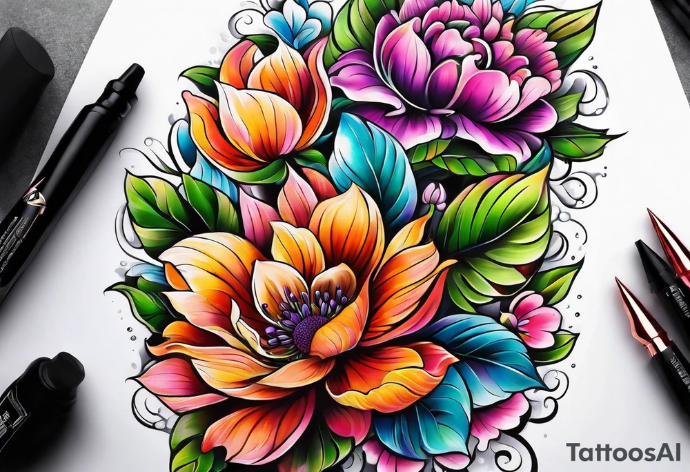 Colorful flower sleeve tattoo idea