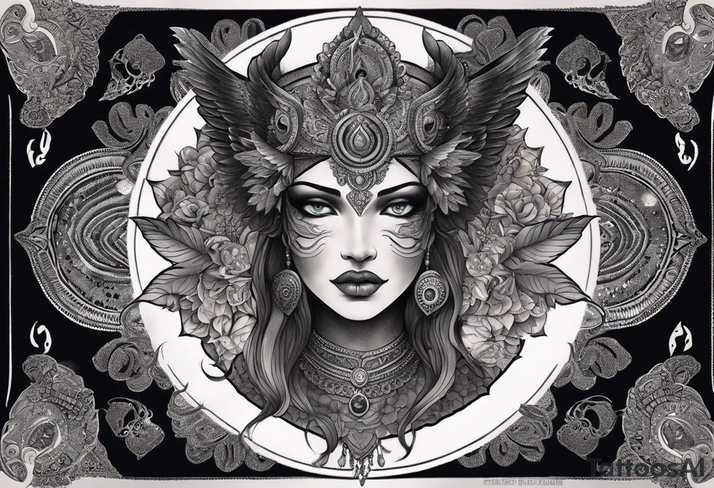 black kali, goddess pirate, alien, angel, pachamama, valkrye, warrior, flying, skull, lotus azul, wing, eagle, zenza resonance, stars, 5D, anahata chakra, death, durga, riding on a tiger, flying lady, kundalini, chest tatoo, samuri, rebel,serpent tattoo idea