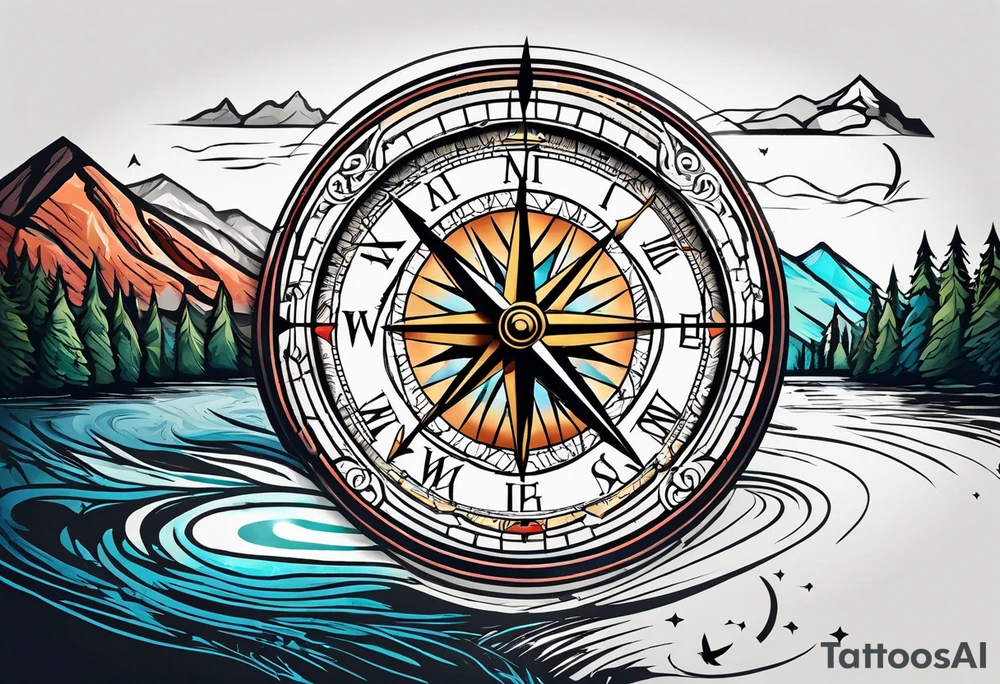 half compass half clock with arrow in the middle with mountain, trees and river; no circle tattoo idea