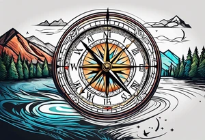 half compass half clock with arrow in the middle with mountain, trees and river; no circle tattoo idea