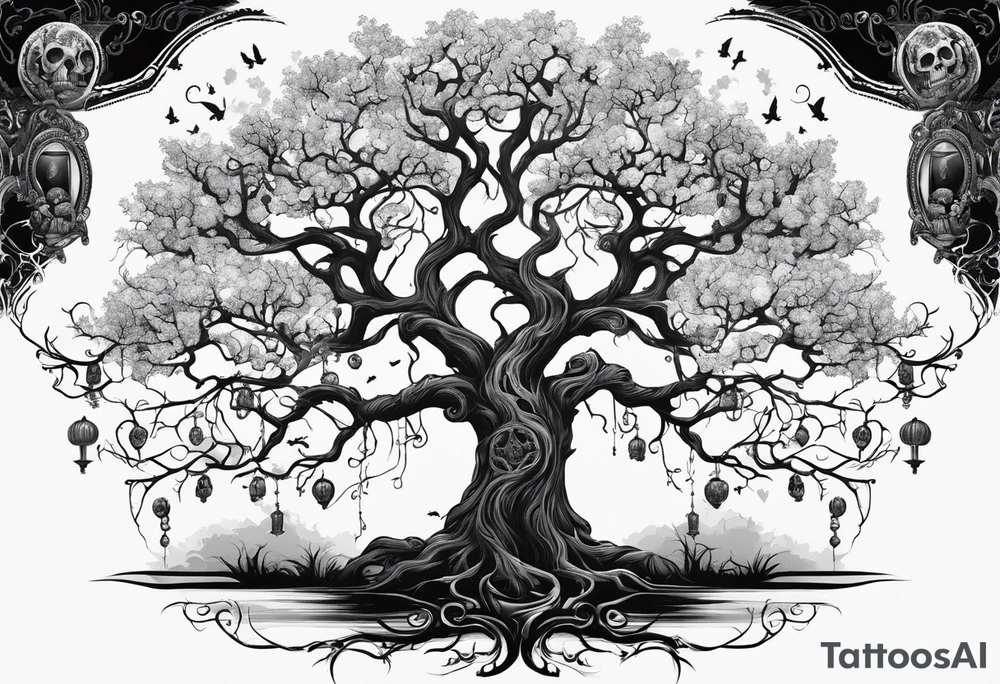 Creepy tree with skulls at the base and names in the branches tattoo idea