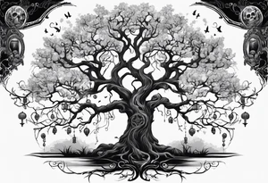 Creepy tree with skulls at the base and names in the branches tattoo idea