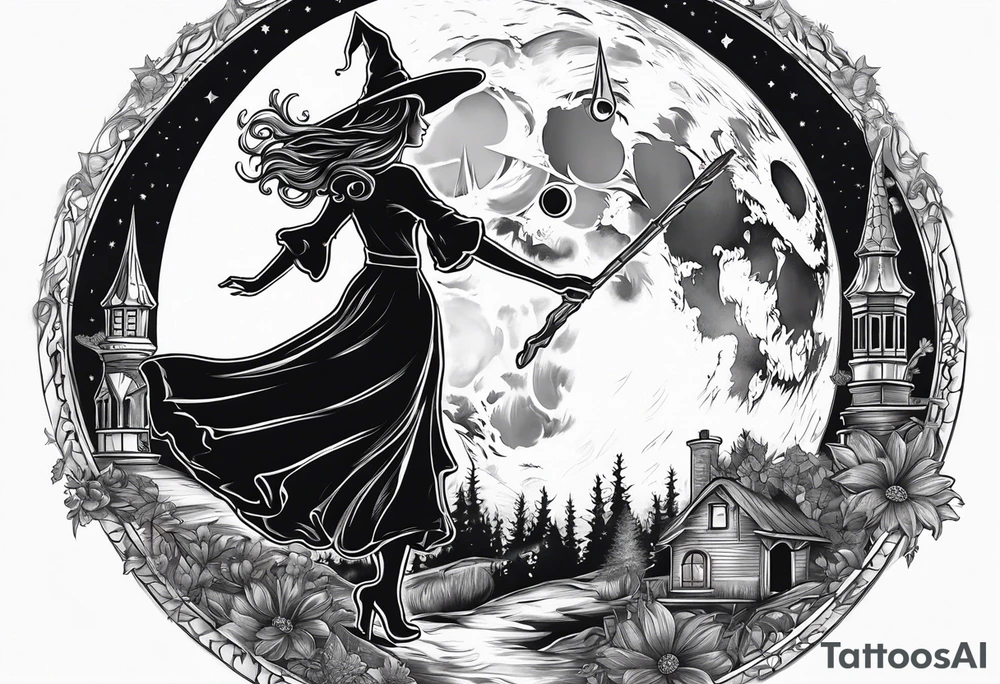 Witch’s hat on top of crystal ball that shows women dancing under a full moon tattoo idea