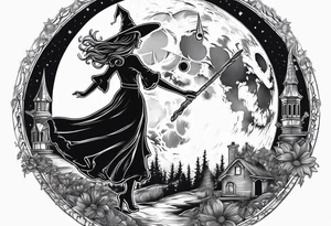 Witch’s hat on top of crystal ball that shows women dancing under a full moon tattoo idea