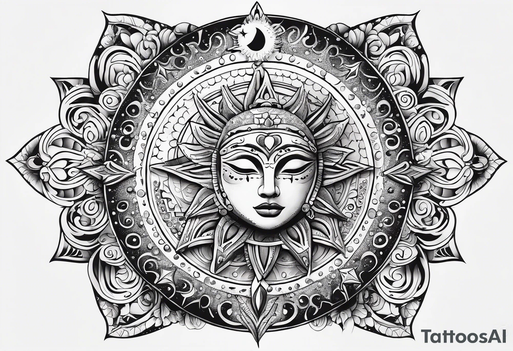 Mexican alien Sun and moon. Freeform rectangular sternum swirls with dots and stars tattoo idea