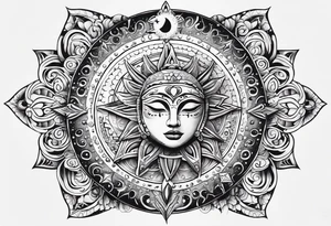 Mexican alien Sun and moon. Freeform rectangular sternum swirls with dots and stars tattoo idea