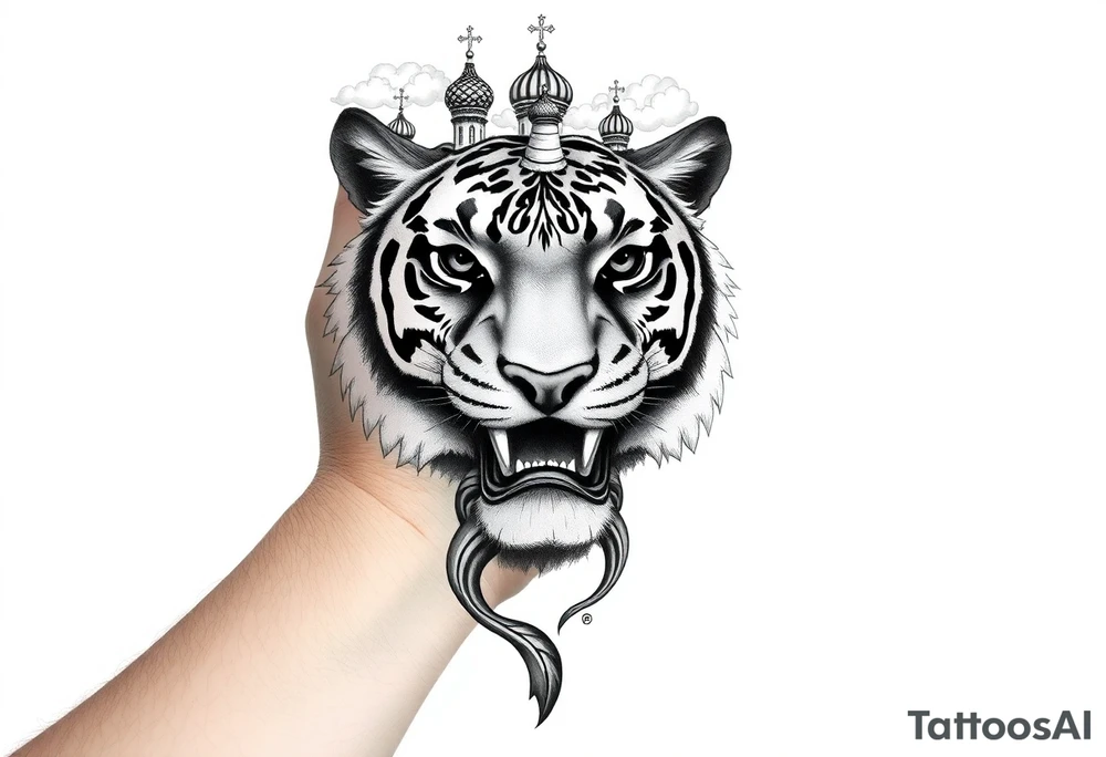 Realistic tiger face on the back of the hand with strong contrast and fine detail with its eyes completely black. with a highly detailed Russian Orthodox cathedral sitting above on fore arm with onion domes and orthodox crosses, done in fine line, engraving-like style. Cohesive composition, black ink only, no color, high contrast, slightly aged, documentary-style, plain light background. with clouds above and a virgin mary 
spanning from my hand to lower fore arm tattoo idea
