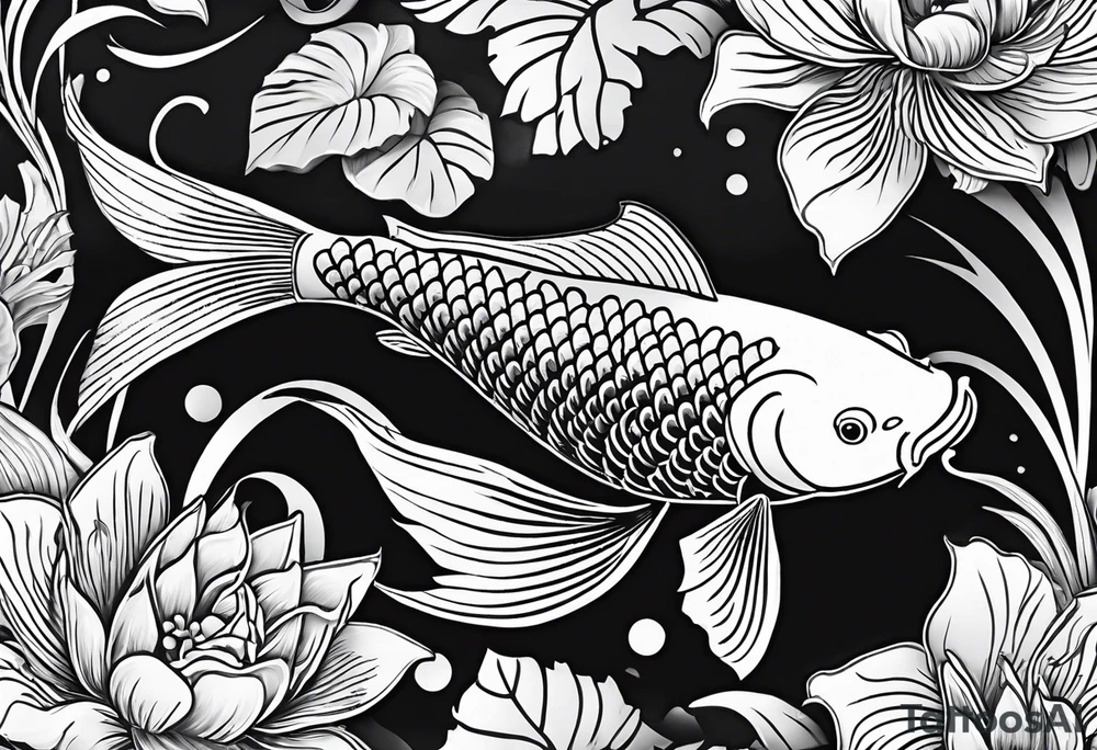 koi fish in pond on white background, black and white, intricate Polynesian tattoo, for laser engraving tattoo idea