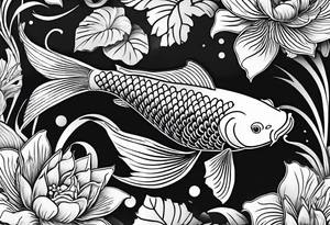 koi fish in pond on white background, black and white, intricate Polynesian tattoo, for laser engraving tattoo idea