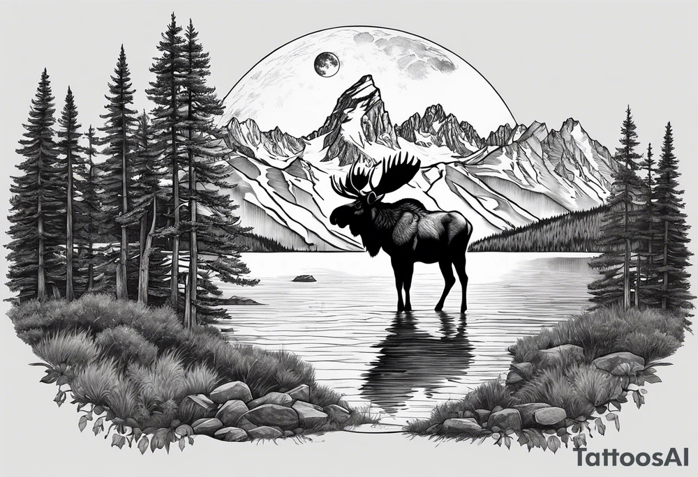 Half sleeve of Teton mountain range with moon and stars in the sky, two moose in front of Teton lake tattoo idea