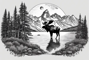 Half sleeve of Teton mountain range with moon and stars in the sky, two moose in front of Teton lake tattoo idea