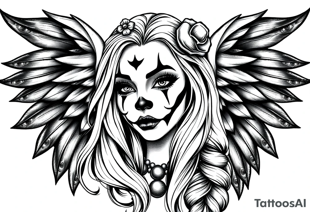 Chicana beautiful long hair clown makeup angel wings tattoo idea