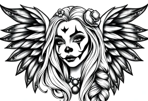 Chicana beautiful long hair clown makeup angel wings tattoo idea