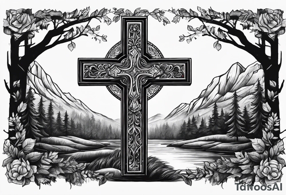 A cross at the end of the forest tattoo idea