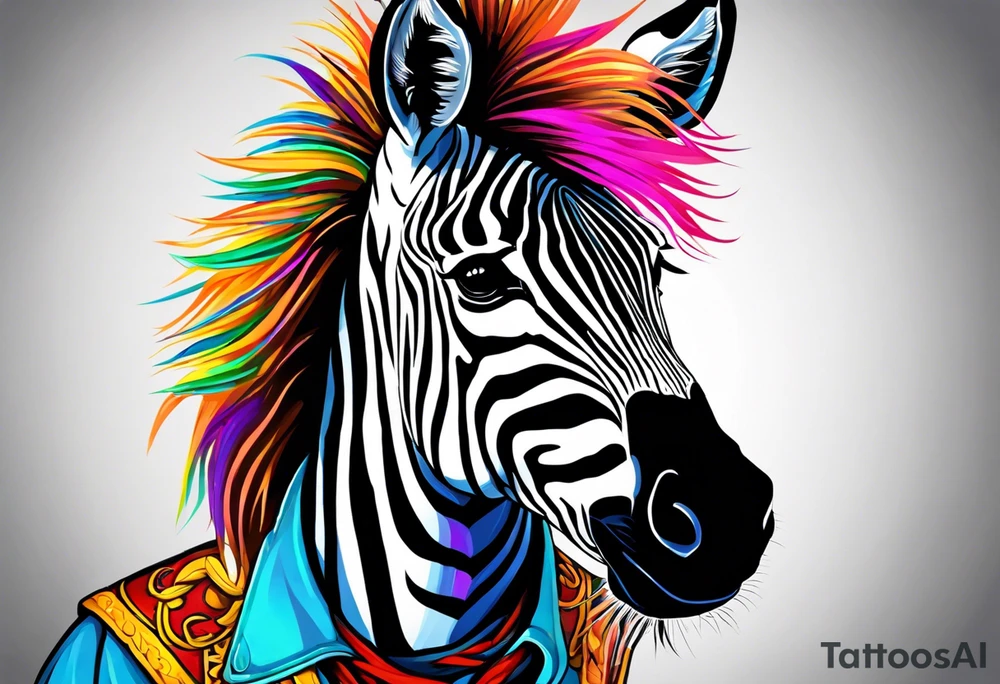 Portrait of a zebra wearing regal clothing, vintage looking, but its main is coloured brightly the same as autism awareness. I want the zebra too almost look human and to be bursting out of a jigsaw piece tattoo idea