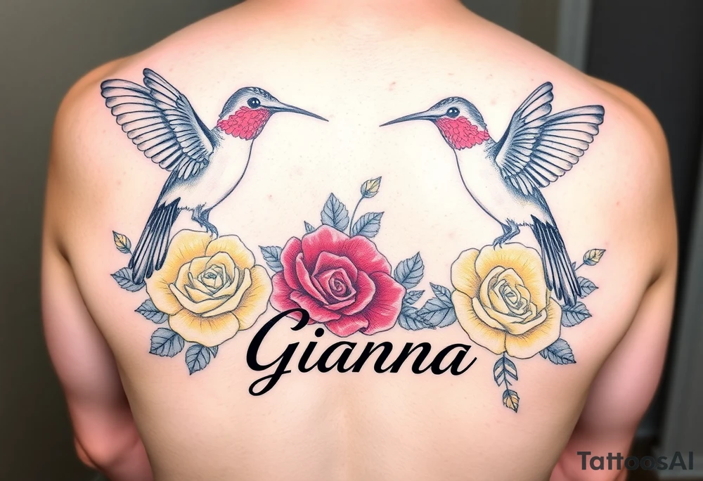 Beautiful majestic hummingbirds, surrounded by yellow, red and purple roses with the name Gianna tattoo idea