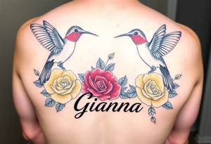 Beautiful majestic hummingbirds, surrounded by yellow, red and purple roses with the name Gianna tattoo idea
