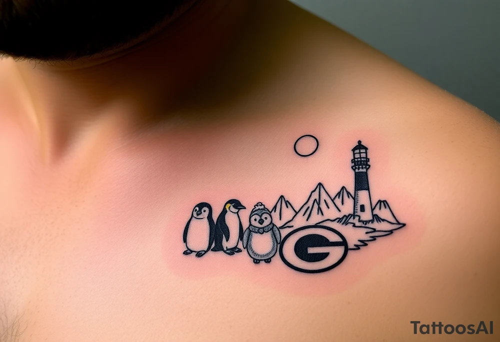 compilation outlining important things in my life such as one adult emperor penguin and 3 baby penguins, celtic trinity knot, lighthouse, mountains/nature, the green bay packers, and something to represent my 3 boys tattoo idea