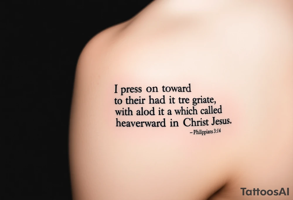 Minimalist tattoo on inner bicep. Mostly text of Philippians 3:14: I press on toward the goal to win the prize for which God has called me heavenward in Christ Jesus. tattoo idea