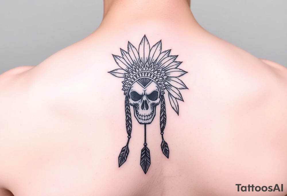 Native American skull with head dress and arrows below tattoo idea