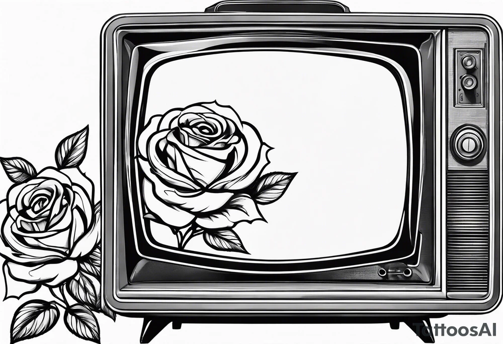 Fine line simple Retro TV with roses tattoo idea