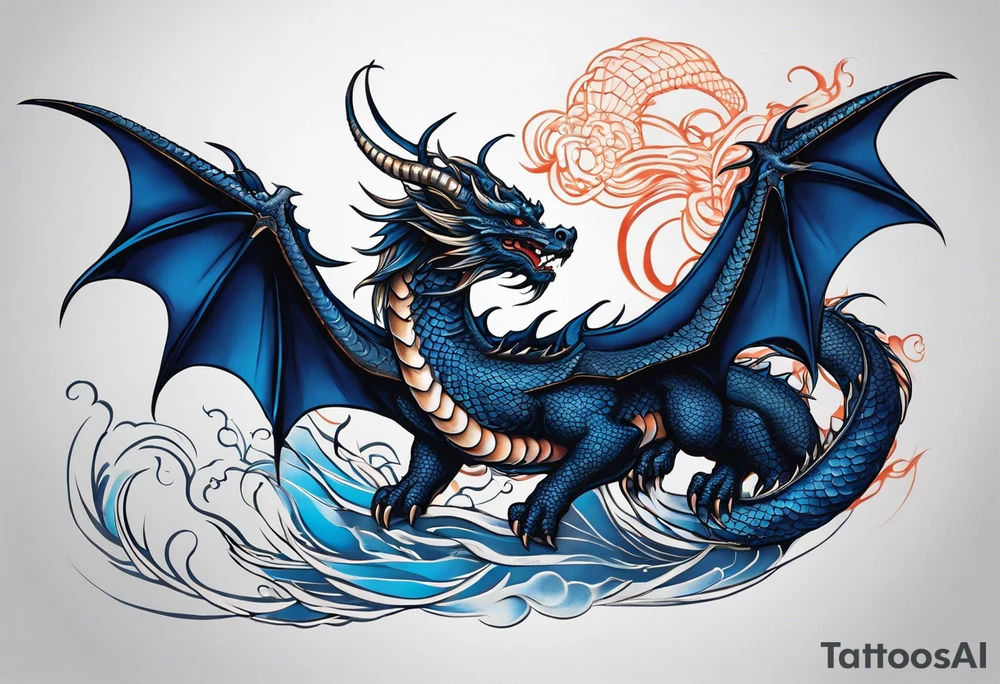 An epic with no wings, floating. Its long body coiling dynamically, with scales and horns detailed to create a sense of movement and strength. The dragon's main color is midnight blue, giving a vibrant depth and a mystical aura. This tattoo highlights the dragon’s fierce expression and sharp claws. tattoo idea
