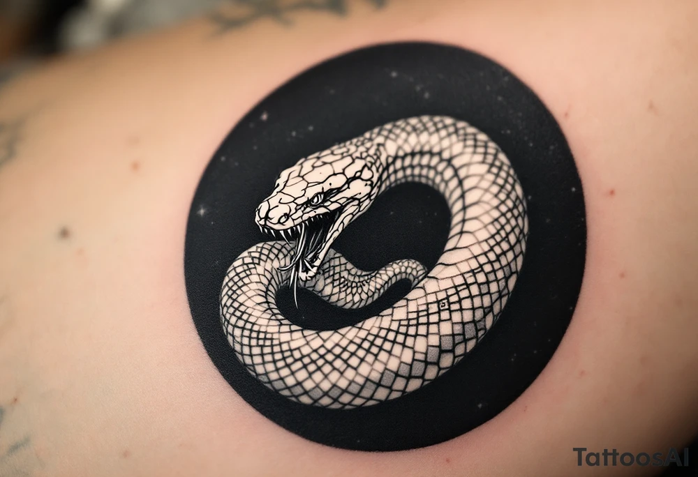 A white osnake eating its own tail on a black circular background, symbolizing eternal safety. tattoo idea