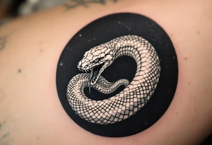 A white osnake eating its own tail on a black circular background, symbolizing eternal safety. tattoo idea