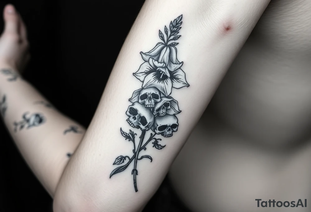 Aconitum flower going up the arm with details gothic style with skulls tribal large tattoo idea
