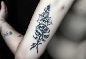 Aconitum flower going up the arm with details gothic style with skulls tribal large tattoo idea